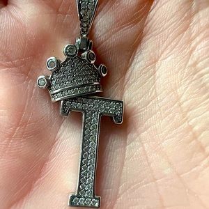 925 Stirling silver pendant crown with letter T